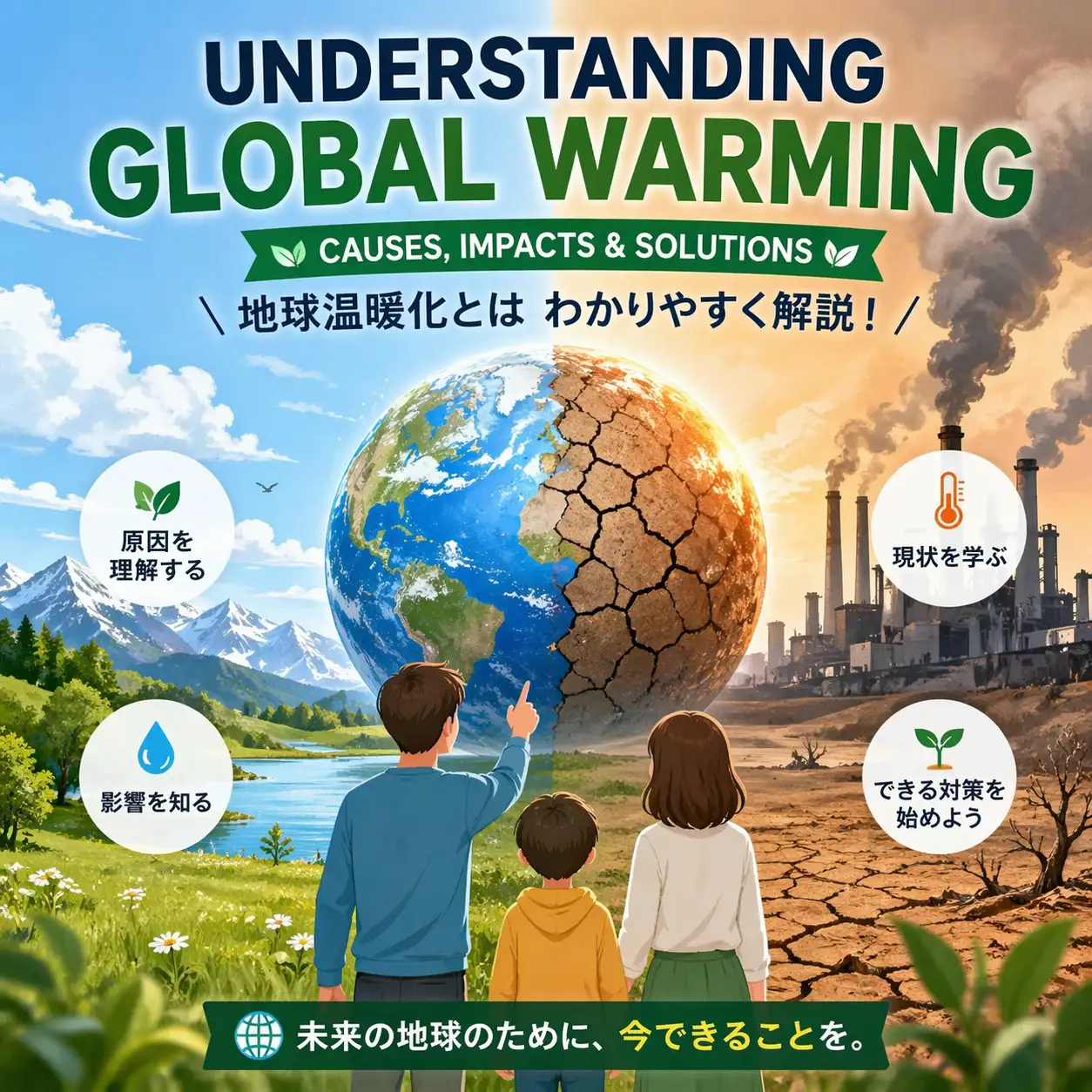 地球温暖化の原因や影響、対策をわかりやすく示したイラストで、自然環境と工業地帯の対比や地球の変化を表現したアイキャッチ画像