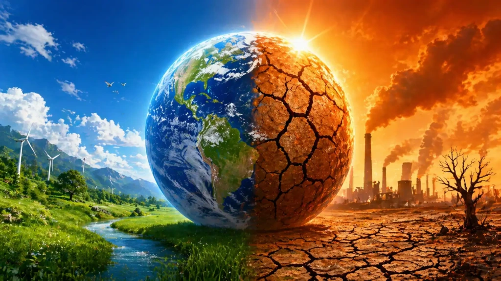 地球の片側が自然豊かで、もう片側が乾燥してひび割れている様子から温暖化による気温上昇を表現したイメージ