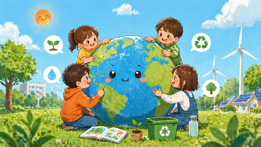 子どもたちが笑顔で地球を囲みながら環境について学んでいるやさしいイラスト