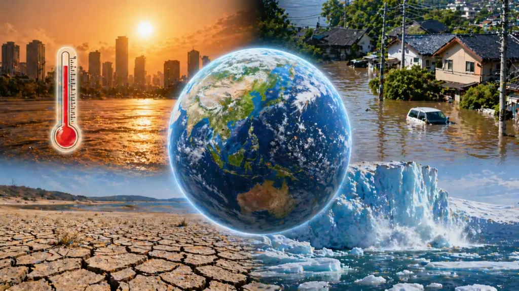 猛暑の都市や洪水、氷が溶ける様子など地球温暖化の現状を示した複合イメージ