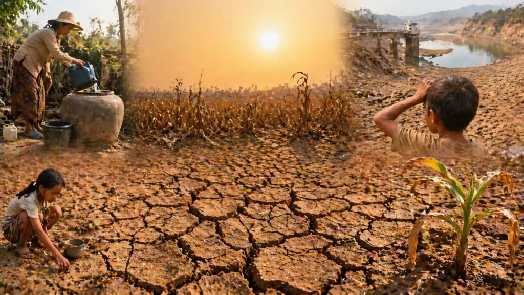 干ばつでひび割れた土地や農作物、水不足を示す生活への影響を表したイメージ