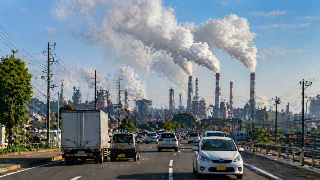 工場の煙や左側走行の車から排出されるガスなど温暖化の原因を示した風景
