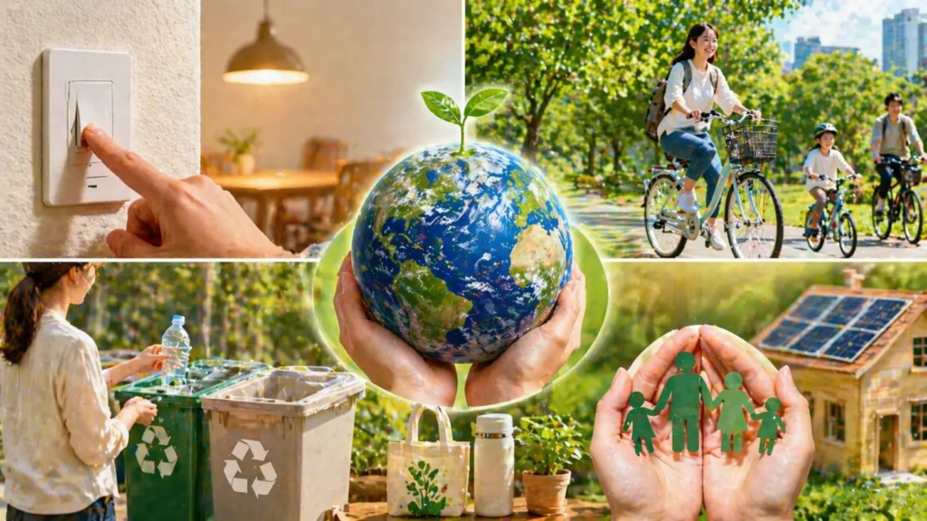 節電や自転車利用、リサイクルなど環境に配慮した行動を表したイメージ