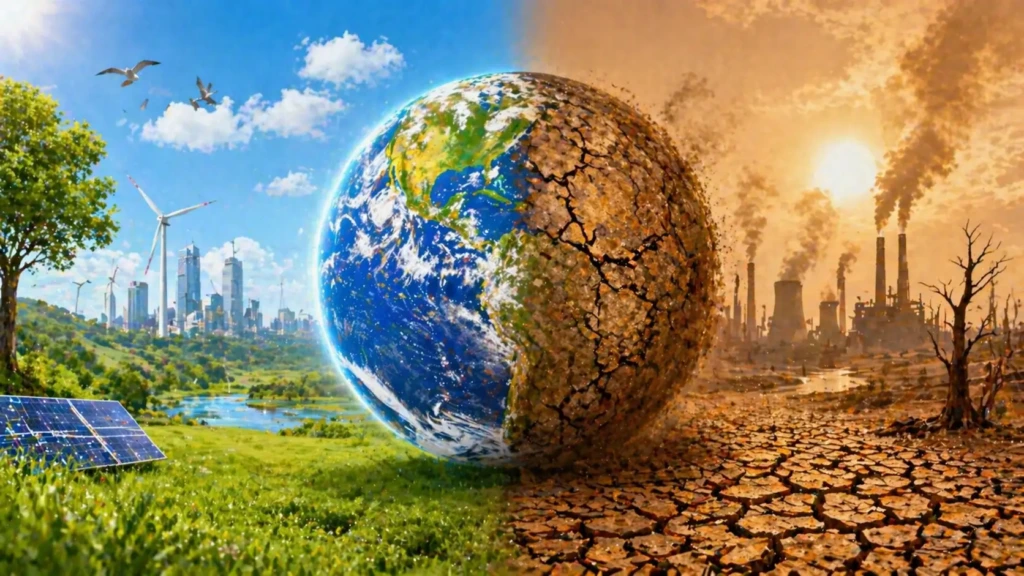 緑豊かな地球と乾燥した地球の対比で気温上昇による未来の変化を示したイメージ