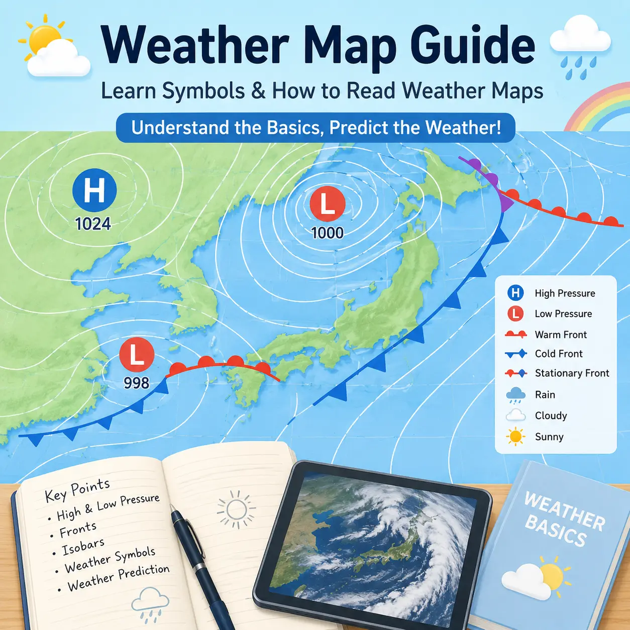 天気図の変化を比較しながら週間天気の流れを予想しているイラスト