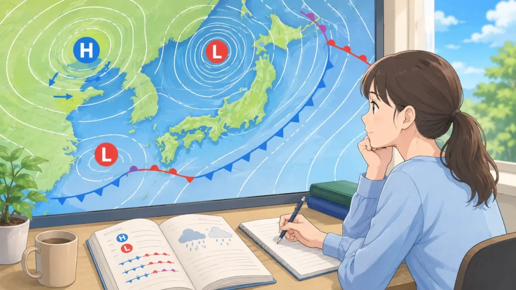 日本周辺の天気図を見ながら高気圧や低気圧、前線を学ぶイラスト