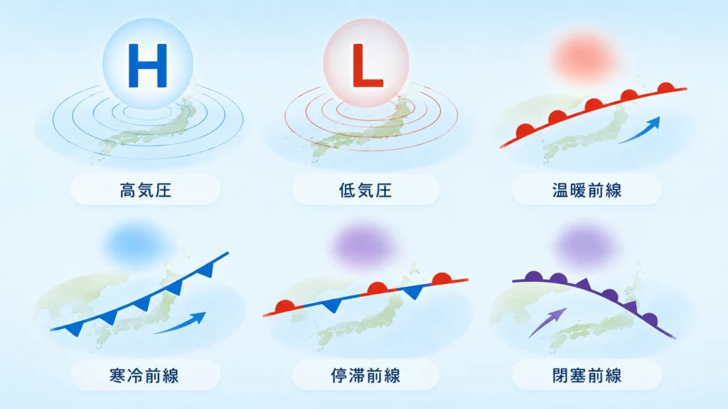 天気図で使われる高気圧や低気圧、前線の記号をまとめたイラスト
