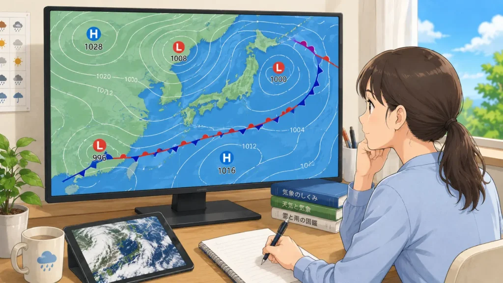 地上天気図を確認しながら日本周辺の気圧配置を学ぶイラスト