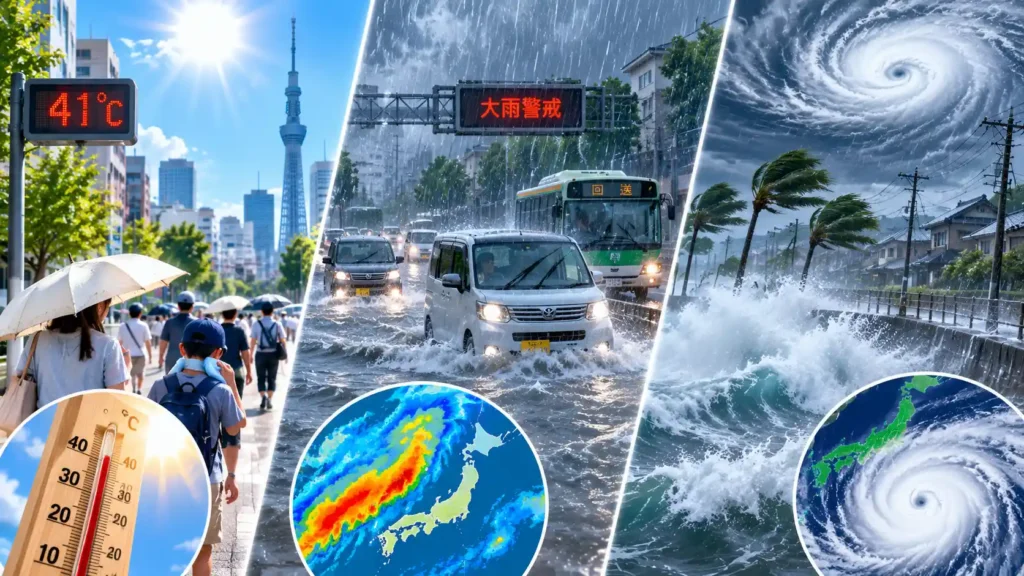 日本で発生する猛暑や豪雨をイメージしたイラスト