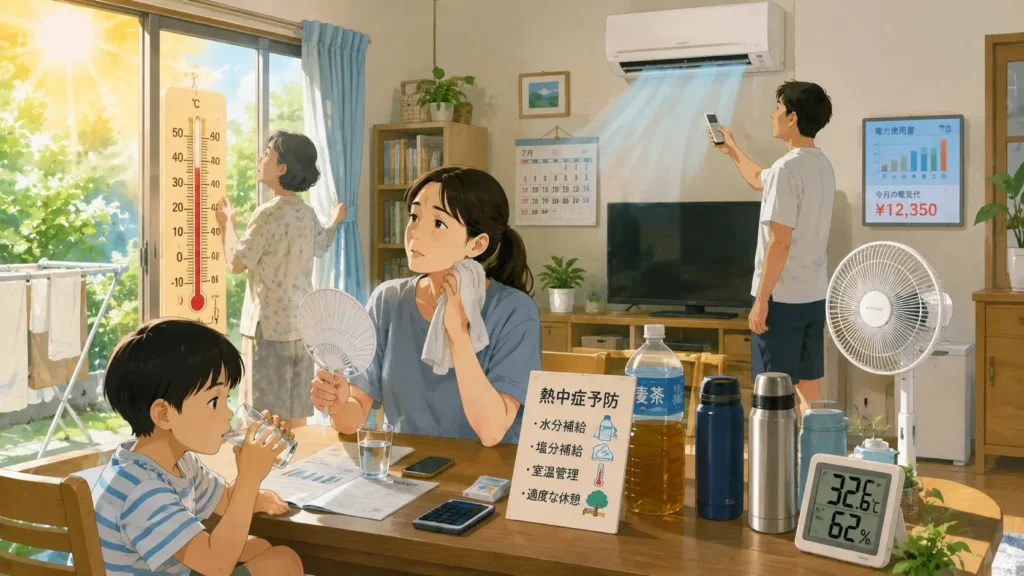 猛暑対策をする日本の家庭を描いたイラスト