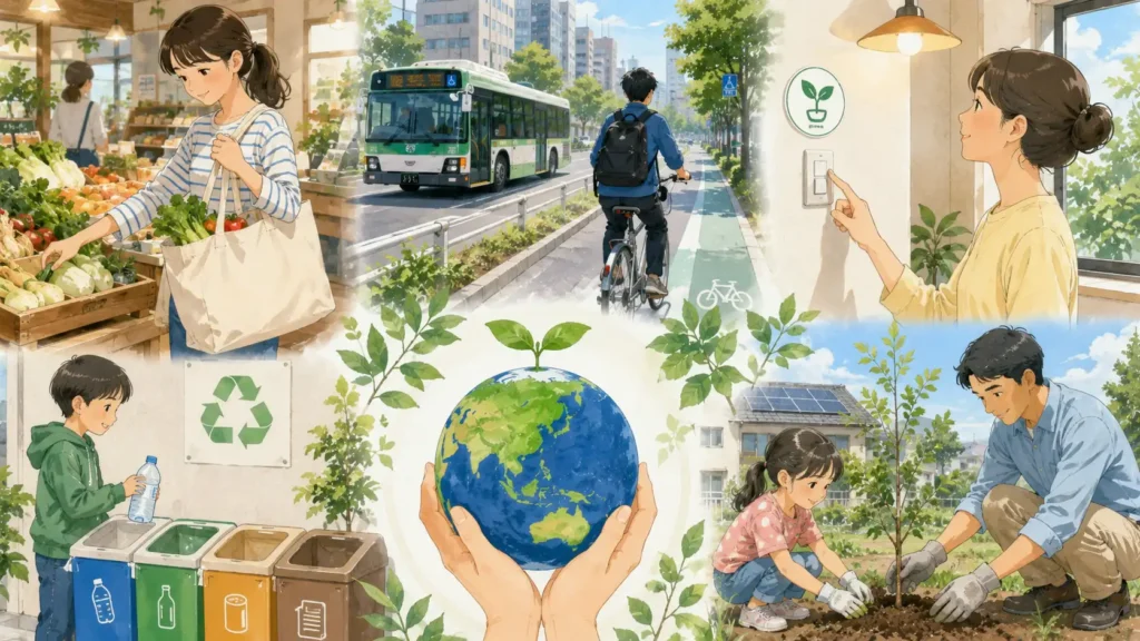 日常生活でできる地球温暖化対策を表現したイラスト