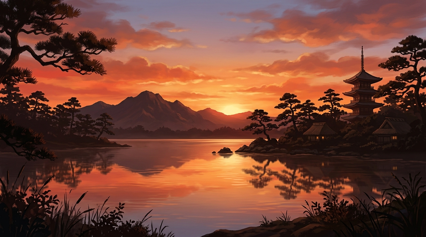 夕焼け空と明日の天気ことわざをイメージした風景イラスト