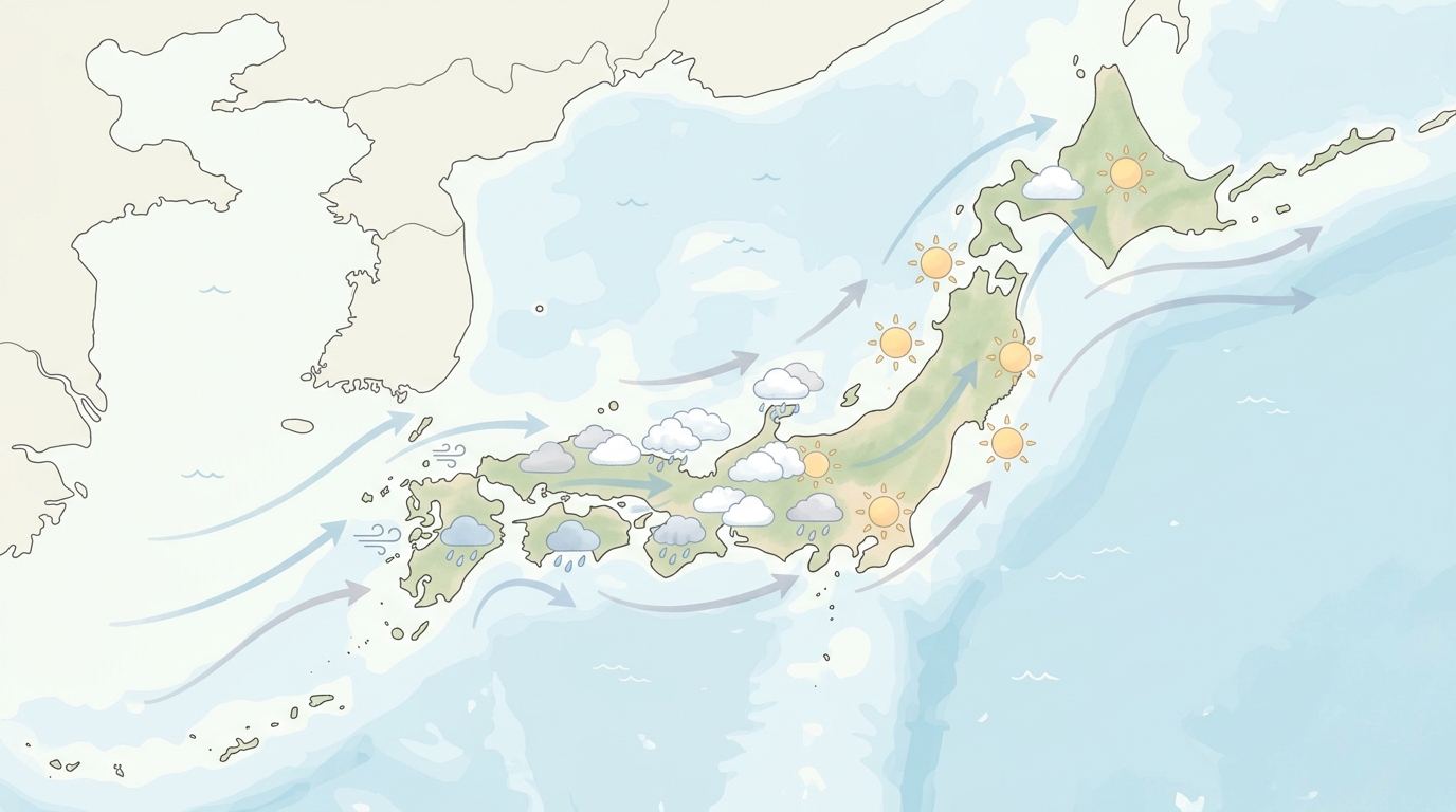 天気が西から東へ移動する仕組みを表す日本地図イラスト