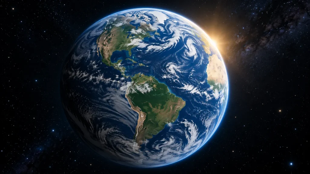 青い海と白い雲に覆われた地球を宇宙から眺めたイラスト