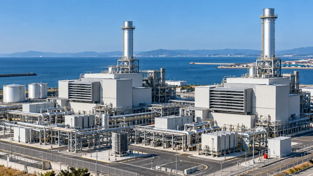海沿いに配管や煙突などの設備が並ぶ火力発電所のイメージ画像