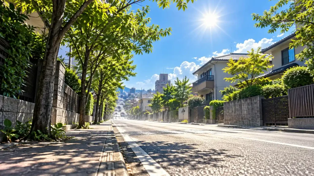 強い日差しが照りつける日本の住宅街と街路樹