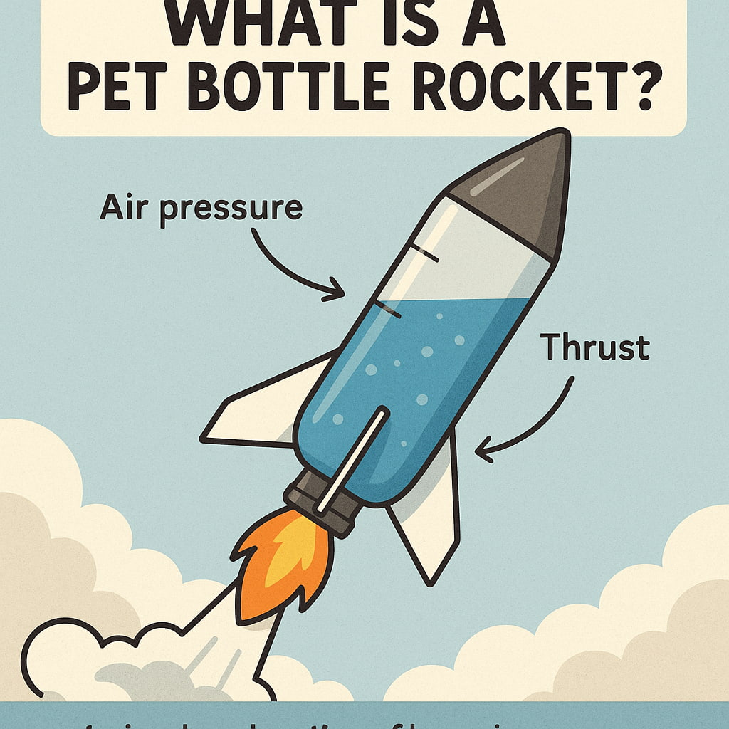 ペットボトルロケットの基本構造と飛ぶしくみを説明するイラスト
