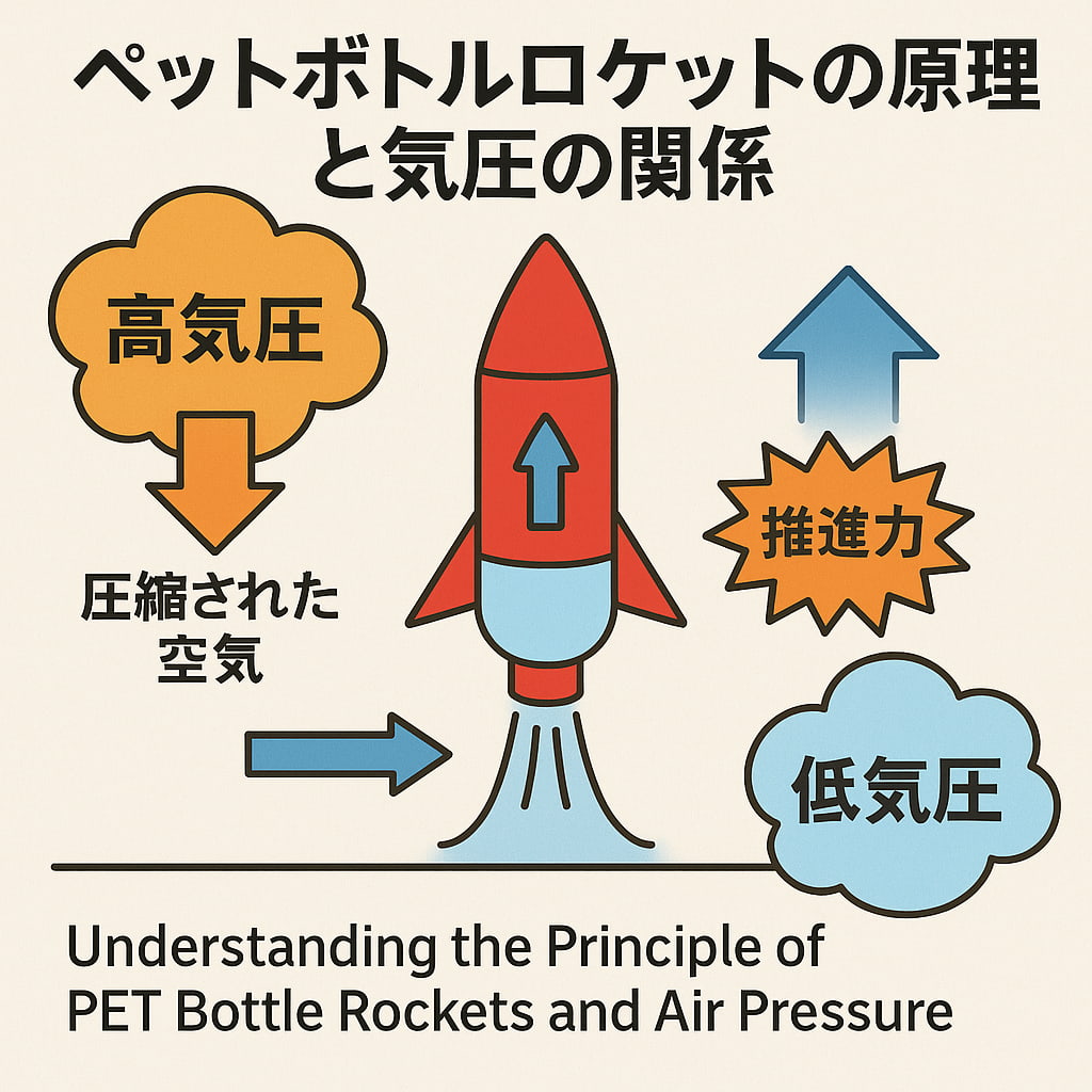 気圧とロケットの関係を説明するイラスト