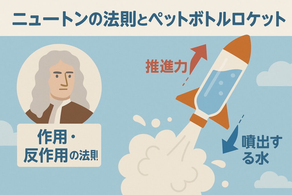 ニュートンの運動法則をロケットに当てはめて説明する図