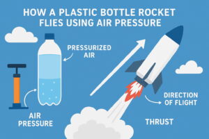 空気の圧力で飛ぶペットボトルロケットのイラスト